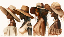 Straw Hat Fashion Presented By African Models. Watercolor Illustration. Generative AI