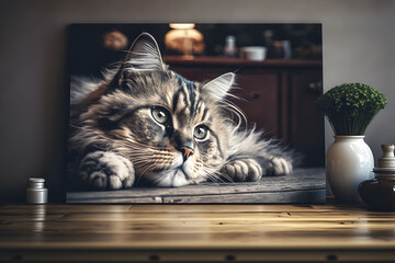 Portrait Cute cat lying on wooden table in living room photography made with Generative AI	
