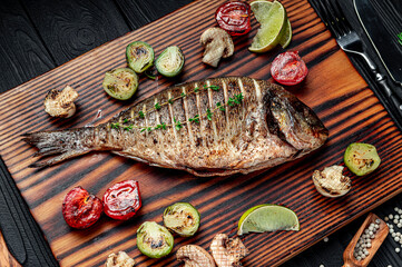 Grilled Dorada fish, sea bream with the addition of spices, herbs and lemon on the grill plate.