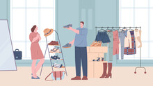 Couple In Boutique Or Fashion Store Choose Shoes And Clothes. Happy Shopping, Aesthetic Shop For Byers And Stilist. Man And Woman, Vector Graphic Scene