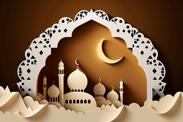 Wall Mural - ramadan background paper cut with mosque and moon