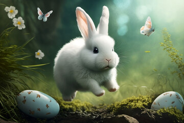 Wall Mural - happy white Easter bunny jumping with joy with many Easter eggs