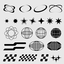 Y2K Black Element Retro Star Icons, Globe Elements For Posters And Streetwear Fashion Design Vector Set