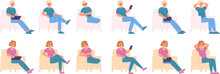 Boy And Girl Sitting In Chair Various Poses. Teenagers Dream, Sleep And Rest, Using Smartphone Or Working Laptop. People Relax At Home Snugly Vector Set