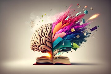 Wall Mural - Collage of book and brain representing science and knowledge. Generative AI