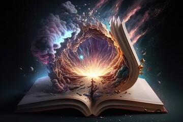Wall Mural - A Universe of knowledge inside a book. Generative AI