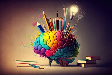 Wall Mural - Collage of book and brain representing science and knowledge. Generative AI