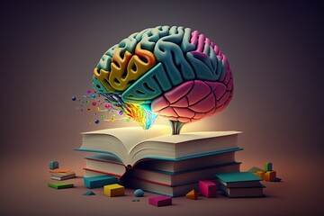 Wall Mural - Collage of book and brain representing science and knowledge. Generative AI