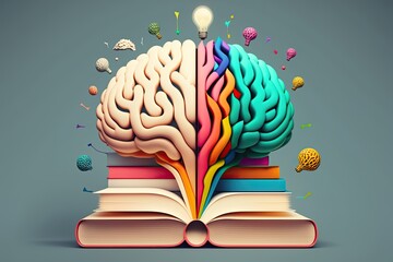 Wall Mural - Collage of book and brain representing science and knowledge. Generative AI