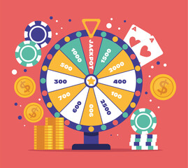 Casino wheel lucky number game fortune spinning jackpot roulette concept. Vector graphic design element illustration