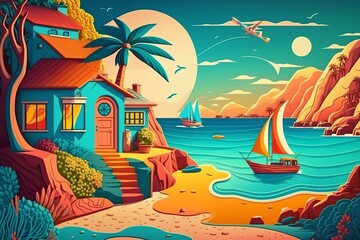 cartoon illustration with bright colors, beach vacation, ai generative