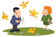 Man and woman feeds birds in city park. Illustration for internet and mobile website.