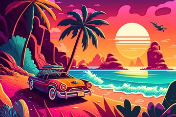 Poster - cartoon illustration with bright colors, beach vacation, ai generative