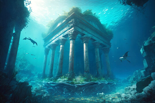 ancient temple ruins underwater, old building on sea ground, generative ai