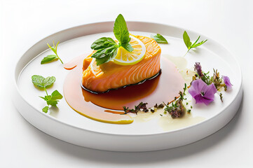 Elegant haute cuisine salmon dish on white background. Created with Generative AI.	