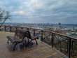 Empty wooden benches in the observation place