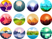 Landscape. Stylized Outdoor Backgrounds In Circle Forms Landscapes With Trees Mountains Recent Vector Cartoon Backgrounds