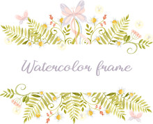 Watercolor Border Frame With Butterfly, Ferns, Chamomiles And Fireflies For Invitation 