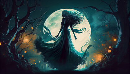 Beautiful witch dancing in forest under moon.