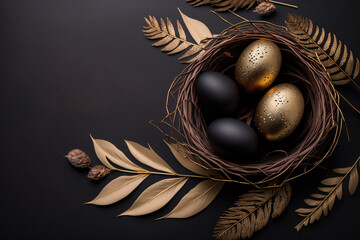 Wall Mural - Elegant stylish Easter background. Nest with gold and black decor. Template for Design. Mock Up. AI generated.