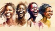 © cartoon-IT - Group of happy african people. National Volunteer week. Charity donation and volunteer work. Support and assistance, Multicultural community, enjoying life. Watercolor illustration