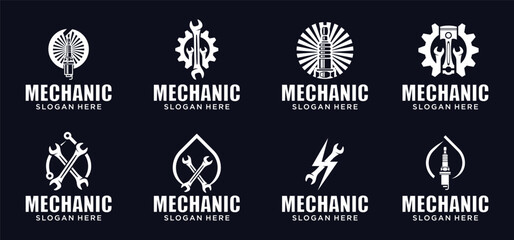 Car engine combination gear logo, wrench logo, spark plug logo, mechanical parts