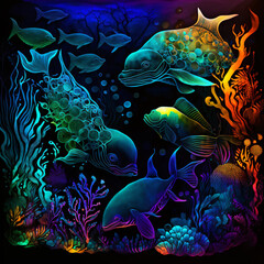 Vivid watercolor fish swim in a dark sea, surrounded by ethereal bubbles and neon coral, evoking a dreamlike underwater scene.
