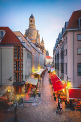 Canvas Print - Munzgasse Street view with Frauenkirche Church at sunset - Dresden, Soxony, Germany