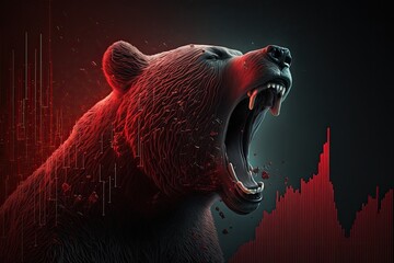 Bear with mouth open, with crypto chart in the red background, bear market, generative ai