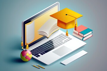 Illustration of computer with education application on screen. Website for online education. Copyspace. Generative AI