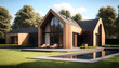 Ultra-modern Architect-designed luxury barn house, light brown wood and brown stone, dark glass with a sleek modern design featuring a flat pitched roof, located in a landscaped garden