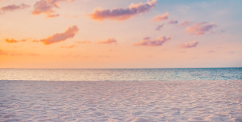 Aufkleber - Closeup sea sand beach. Panoramic beach landscape. Inspire tropical beach seascape horizon. Orange and golden sunset sky calmness tranquil relaxing sunlight summer mood. Vacation travel holiday banner