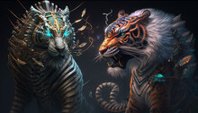 Chinese Tiger And Dragon Concept Inspired By Digitalization, AI, IOT And E-Commerce. Generative AI