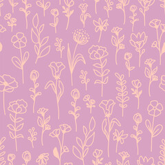 Naklejka na meble Hand drawn flowers with leaves seamless repeat pattern. Doodled, line art botanical elements all over surface print on lilac background.