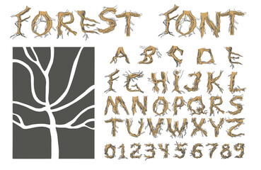 Set initial letters from A to Z. Decorative font from tree roots. Environmental design. Nature typography