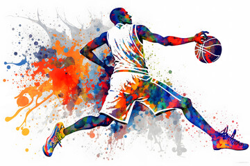 Basketball watercolor splash player in action with a ball isolated on white background. Neural network AI generated art