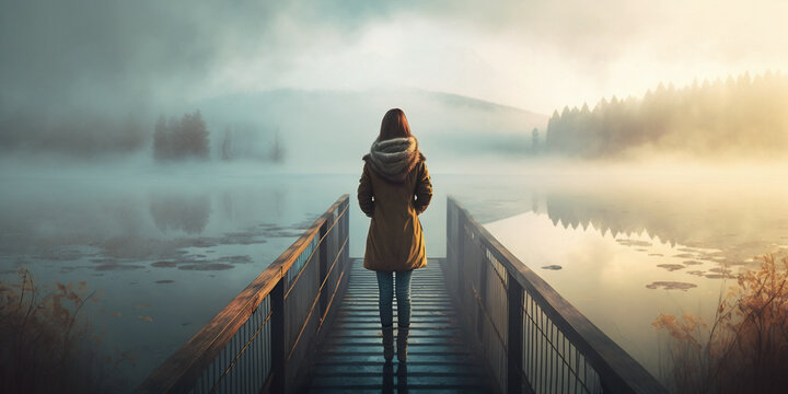 young woman standing alone on edge of footbridge and staring at lake. mist over water. foggy air. ge