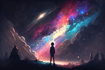 boy looking for a colorful galaxy in the sky. Generative Ai	

