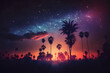Fantasy futuristic night landscape with palm trees. Neural network AI generated