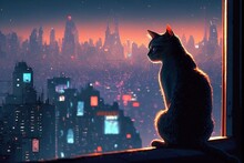 A Cute Cat Sitting In Front Of A Window And Looking Down At A Futuristic Neon City Skyline, Generative Ai