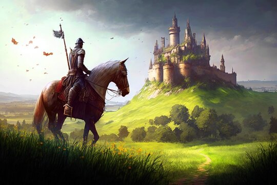 a medieval knight on horseback rides through a beautiful green field towards a castle atop a mountai