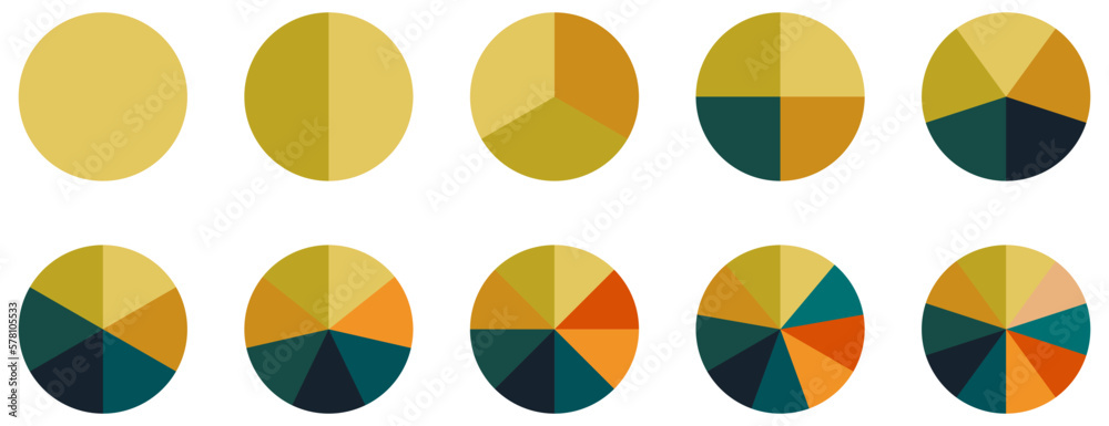 Circle pie chart set. Colorful diagram with 10 sections. Vector illustration isolated on white background