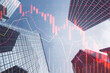 Leinwandbild Motiv Investing, trading and real estate market crisis concept with digital red financial chart candlestick and graphs on modern skyscraper tops bottom view background, double exposure