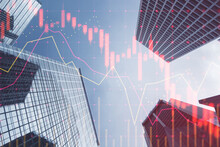 Investing, Trading And Real Estate Market Crisis Concept With Digital Red Financial Chart Candlestick And Graphs On Modern Skyscraper Tops Bottom View Background, Double Exposure