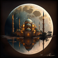 Ramadan Islamic mosque with beautiful full moon over sky background 