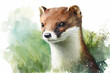 Watercolor painting of cute stoat with copy space for text. Beautiful artistic animal portrait made with generative AI. 