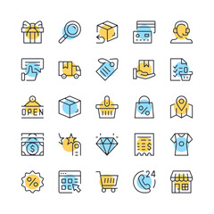 ecommerce line icons. set of e-commerce icons. black, blue and yellow colors. modern outline graphic