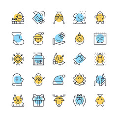 Wall Mural - Christmas line icons. Set of Christmas icons. Black, blue and yellow colors. Modern outline graphic design. Vector line icons set