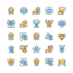 Wall Mural - Awards line icons. Set of prize icons. Black, blue and yellow colors. Modern outline graphic design. Vector line icons set