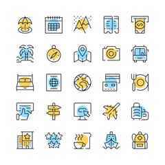 Poster - travel line icons. set of vacation icons. black, blue and yellow colors. modern outline graphic desi